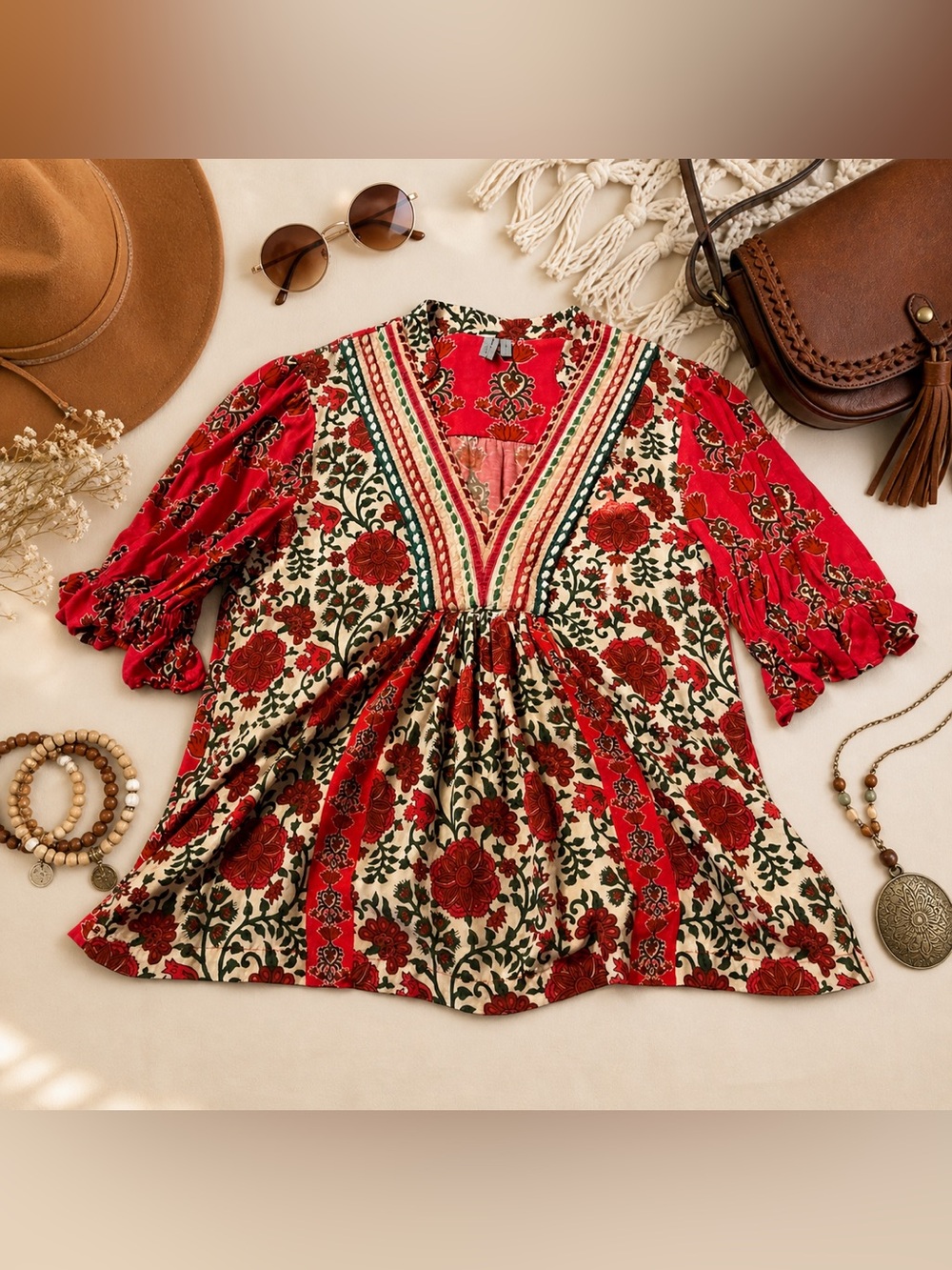 Anthropologie Bl^nk London Stephanie  Floral V-Neck Peasant Top Red/Beige Small